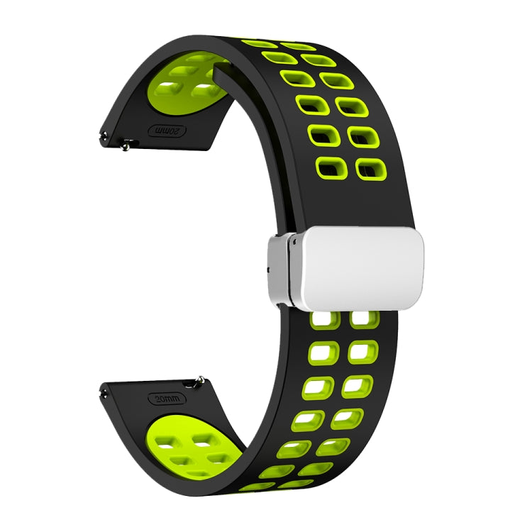 Two-color silicone watch band with double-row holes, lime accents, silver folding buckle