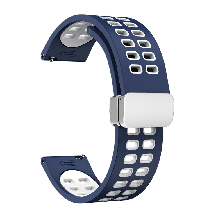 Two-tone perforated silicone watch band with silver fold buckle, navy blue and white.
