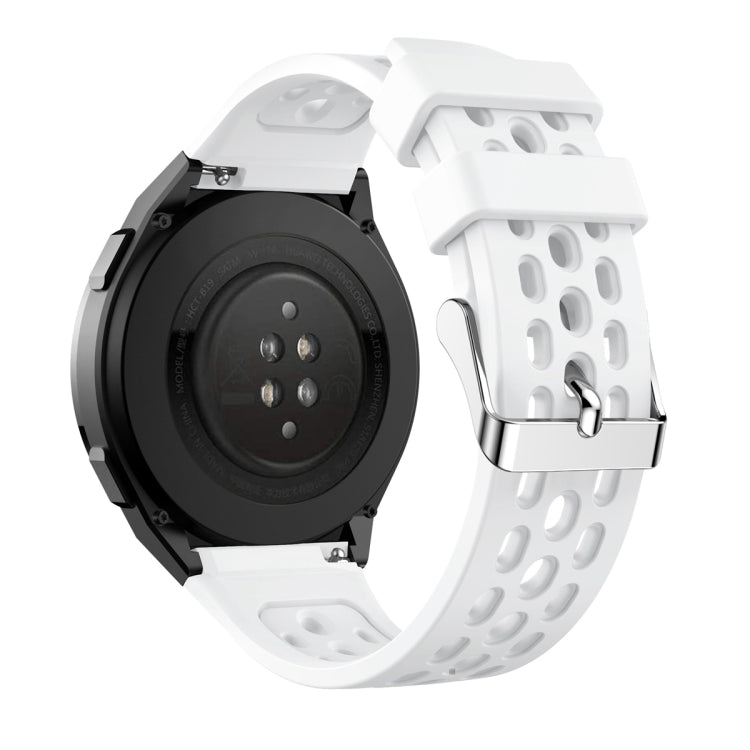 Silicone watch band with perforated holes, white strap and metal buckle hardware