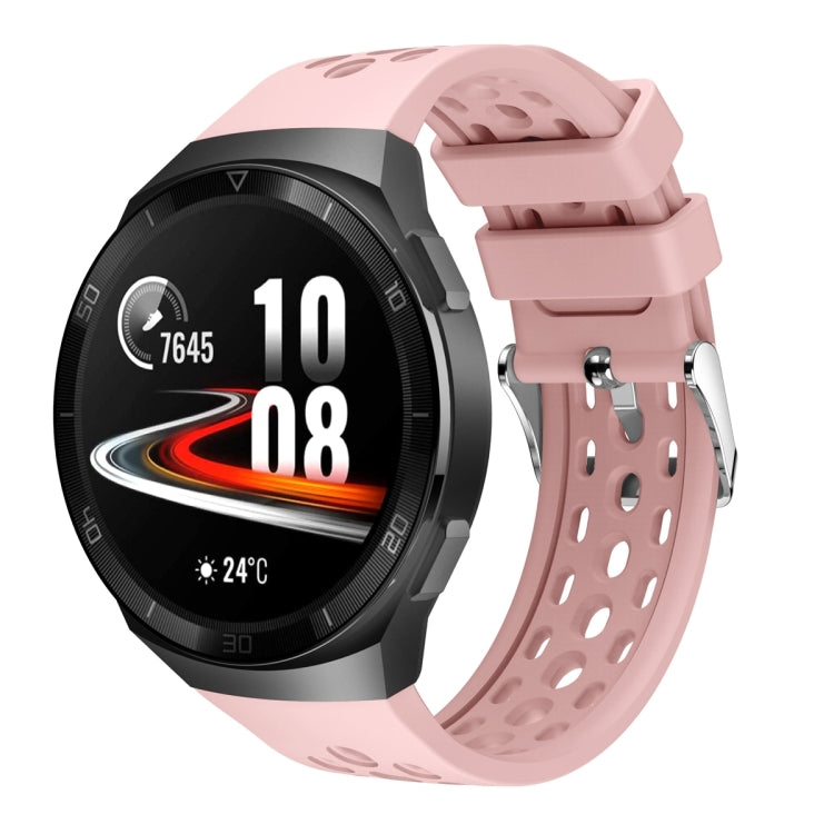 Silicone watch band with perforated strap, pink color, metal clasp hardware