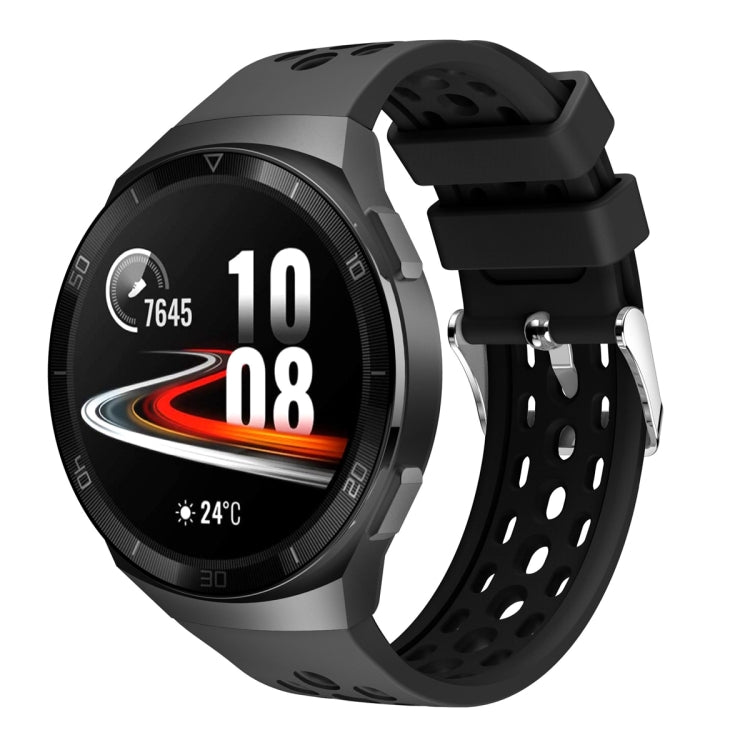 Silicone watch band with perforated holes, black strap and metal buckle