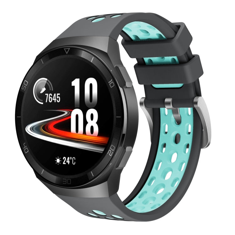 Two-tone silicone watch band, perforated strap, dark gray with teal, for Huawei Watch GT 2e