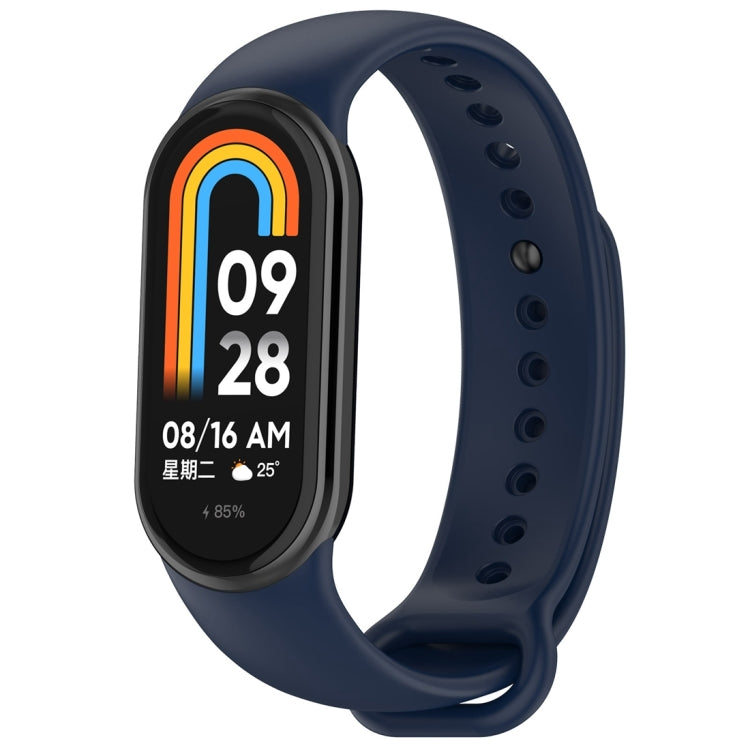Smartwatch strap with orange rainbow display on dark blue silicone band
