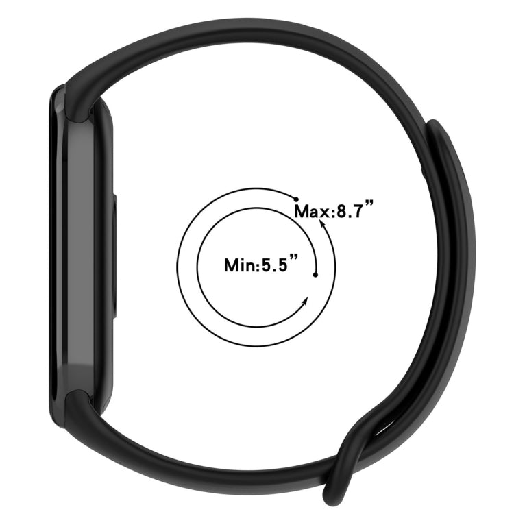 Black silicone smartwatch strap with sizing guide: Max 8.7 in, Min 5.5 in