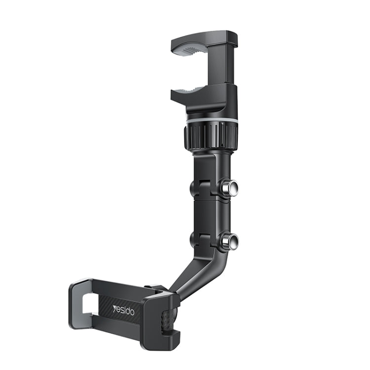 Black car rearview mirror phone holder with adjustable arm and clip