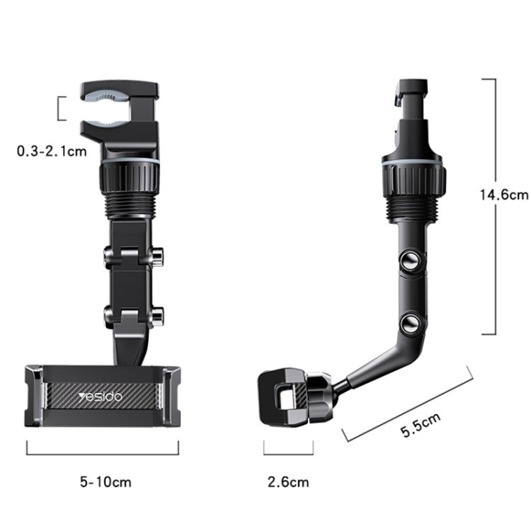 Adjustable car rearview mirror phone holder with black mounting bracket and arm