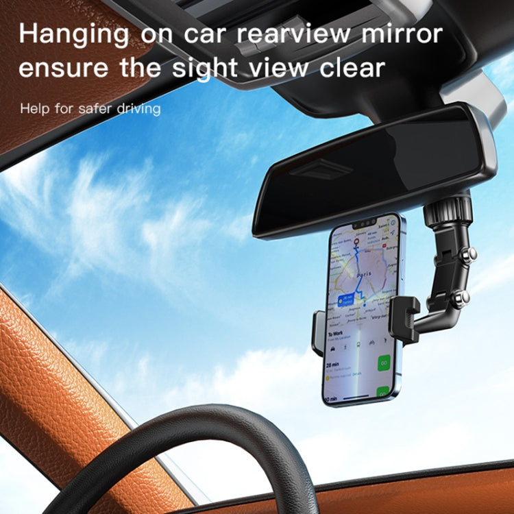 Car rearview mirror phone holder with dashboard clamp and mounted smartphone