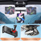 Car rearview mirror phone holder with foldable mounting arms and universal fulcrum support