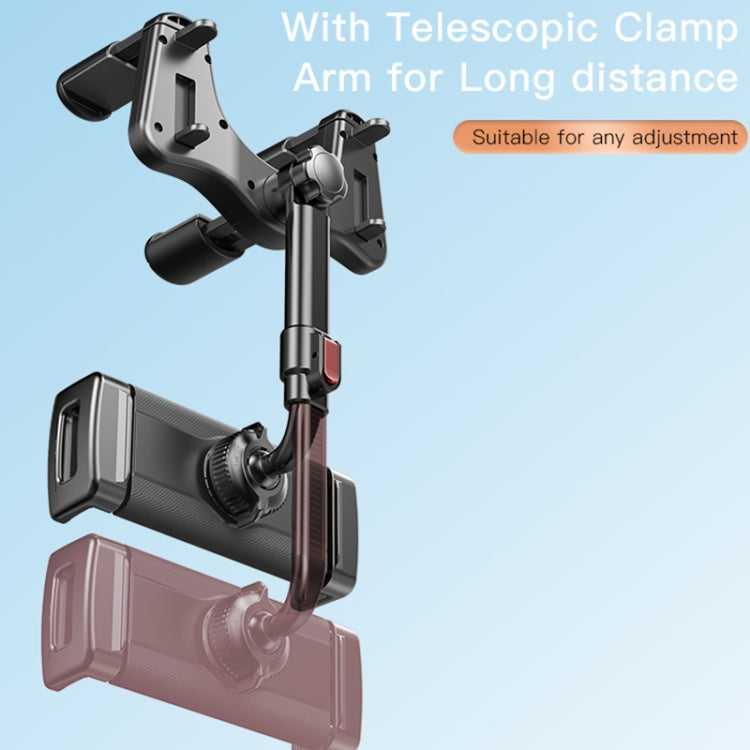 Car rearview mirror phone holder with telescopic clamp arm and adjustable phone cradle