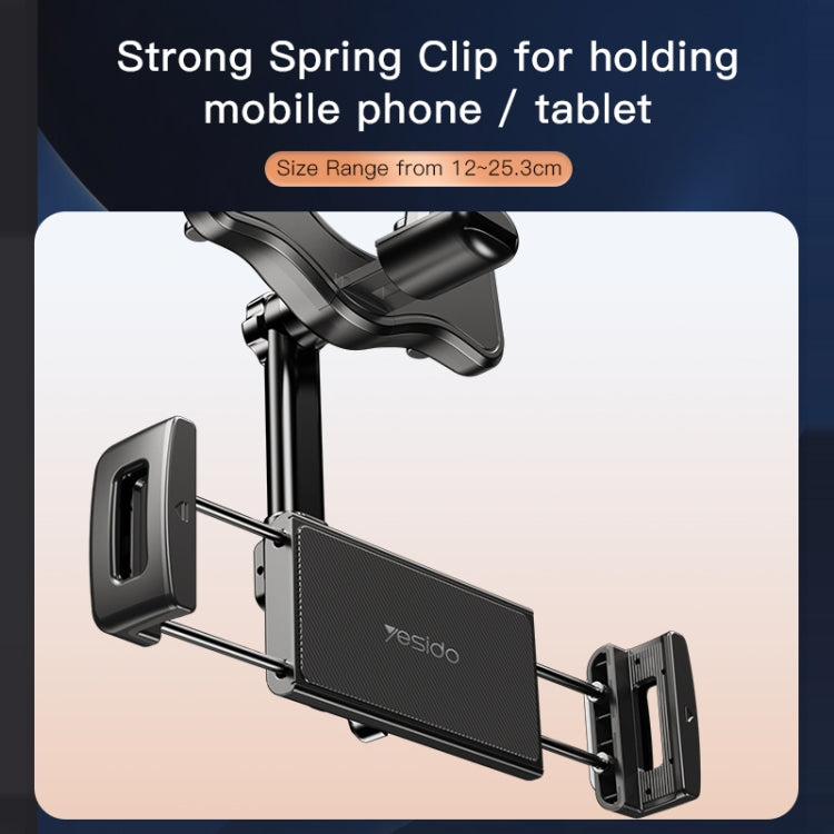 Car rearview mirror phone and tablet holder with black side clamps and mesh cradle