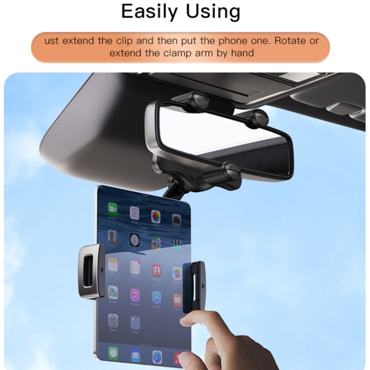 Car rearview mirror phone holder with extendable clip and phone-ready adjustable cradle