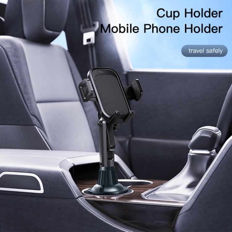 Phone holder in a car cup holder mount with side clamp arms, black
