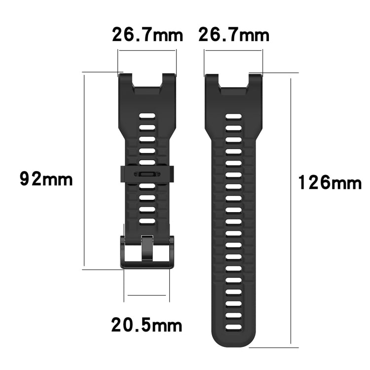 Black silicone watch strap size diagram with buckle and adjustable holes