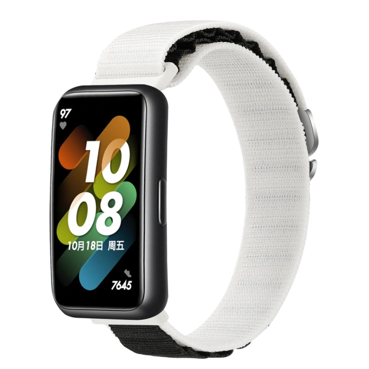Loop nylon watch band with white fabric strap and smartwatch face, secure buckle