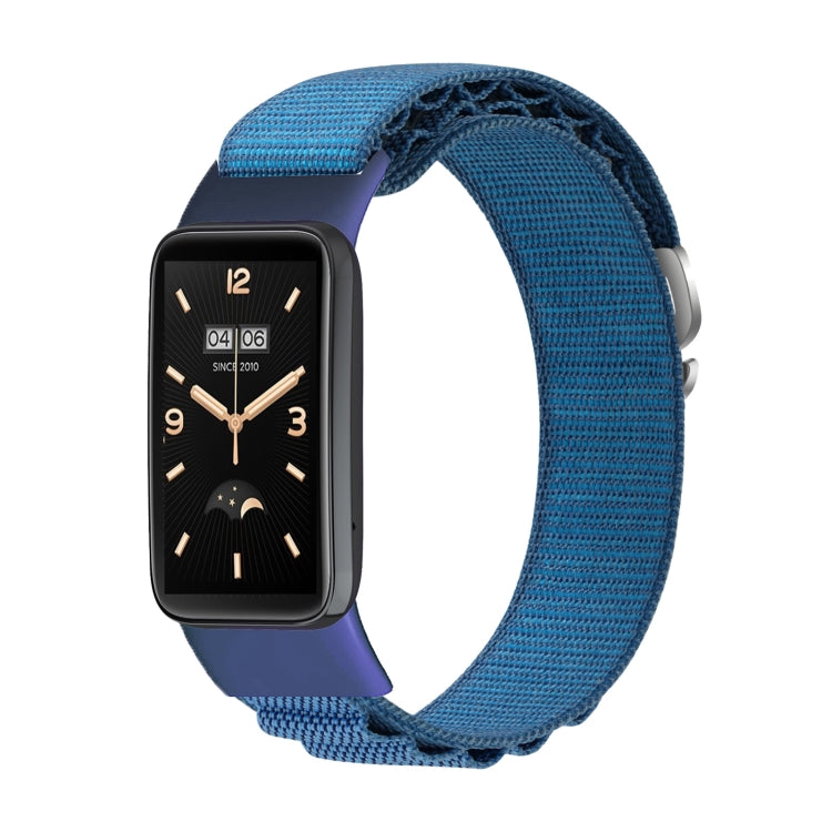 Loop nylon watch band in blue with woven strap and analog-style smartwatch display