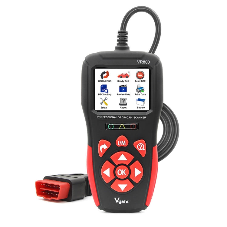 Handheld OBD2 diagnostic scanner with screen, red/black body, and OBD connector cable