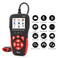 OBD2 diagnostic scanner front view with red/black buttons and connected cable