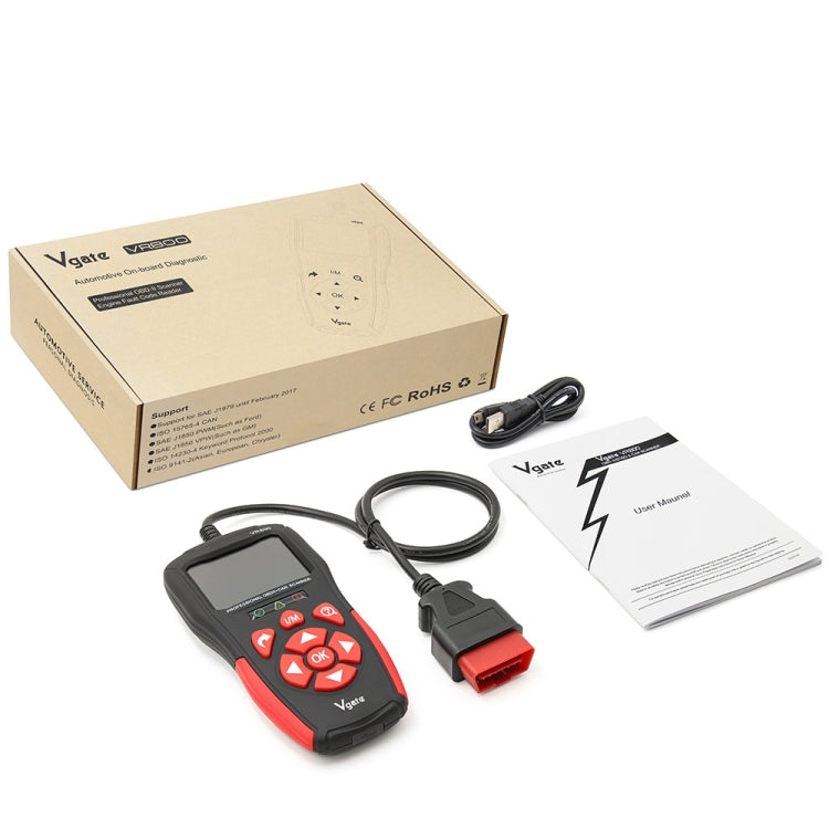 OBD2 diagnostic scanner kit with handheld unit, OBD cable, box, and manual