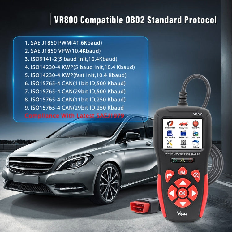 OBD2 diagnostic scanner with compatibility text overlay and connected OBD cable