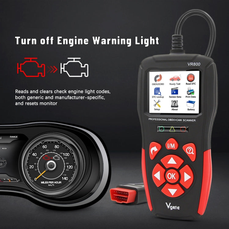 Handheld OBD2 diagnostic scanner with red/black keypad and OBD connector plug