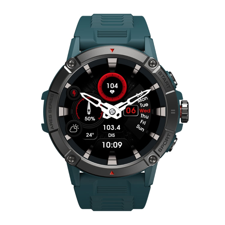 Steel blue smart watch with round AMOLED-style display and silicone sport strap