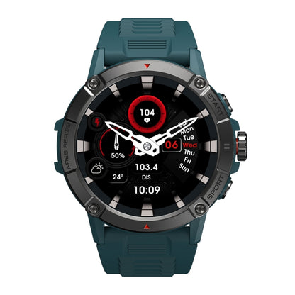 Steel blue smart watch with round AMOLED-style display and silicone sport strap