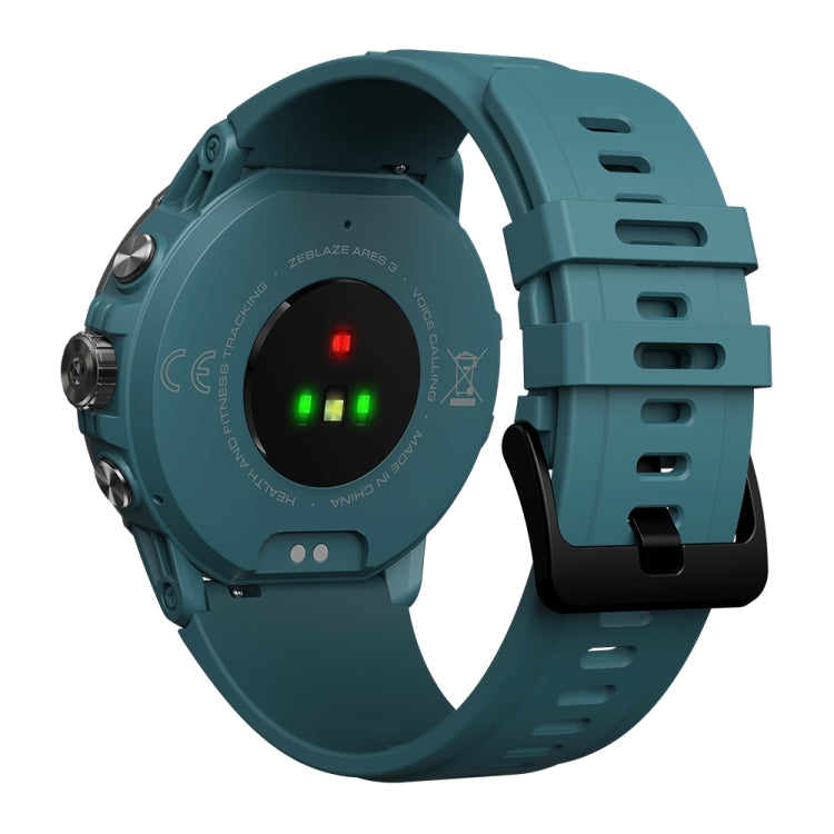Teal smart watch with green-backlit sensor lights and silicone band, side view