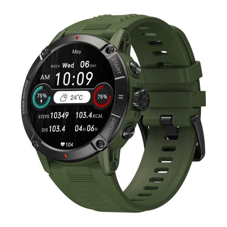 Olive green smart watch with round display and rugged silicone sport strap