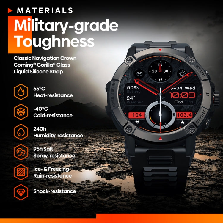 Black smartwatch with round bezel and silicone strap, front view