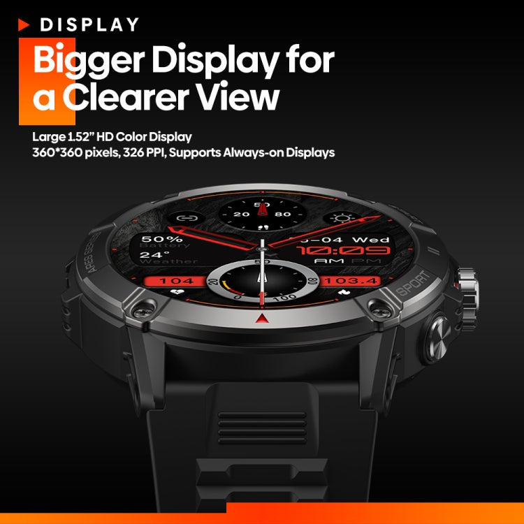 Black smartwatch front with round display and textured silicone strap