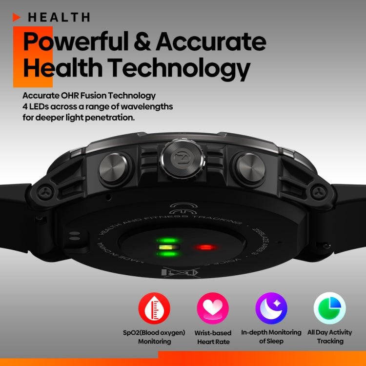 Black smartwatch with visible heart-rate sensor window and silicone strap