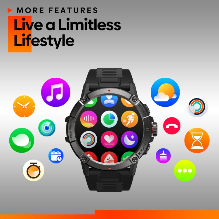Black smartwatch with colorful app icons on display and textured silicone band