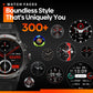Black smartwatch with multiple watch-face previews and round display