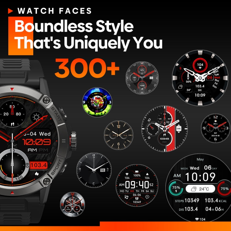 Black smartwatch with multiple watch-face previews and round display