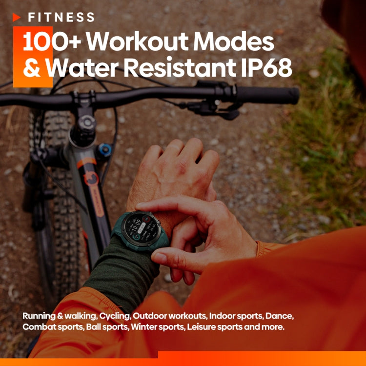 Black smartwatch worn on wrist with round display and silicone sport strap