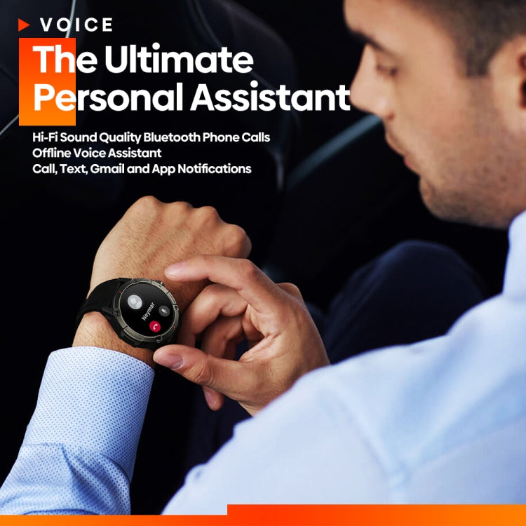 Round smartwatch with dark face and matching strap, worn on a wrist.