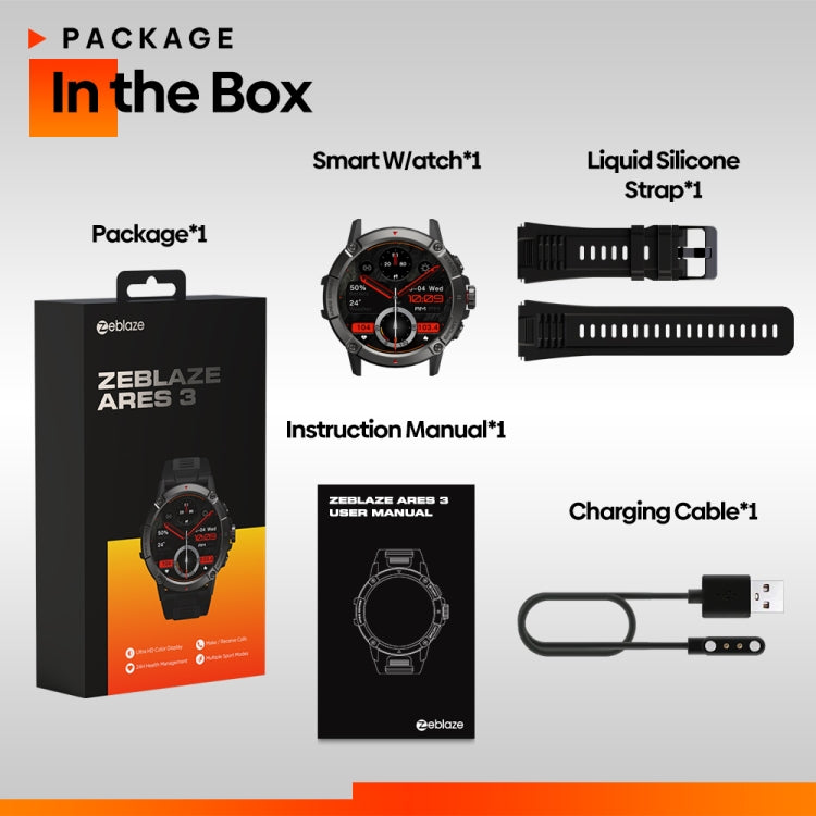 Smartwatch in box with instruction manual, liquid silicone strap, and charging cable.
