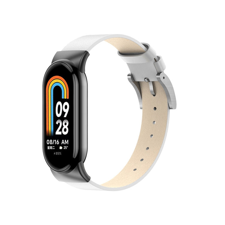 Leather replacement watch band for Xiaomi Mi Band 8, black watch with tan strap