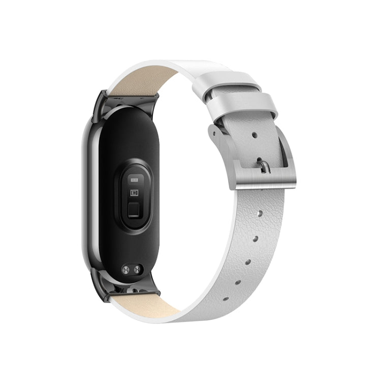 Leather replacement watch band for Xiaomi Mi Band 8, grey strap with black display