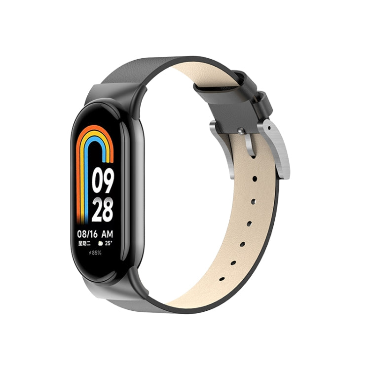 Leather replacement watch band for Xiaomi Mi Band 8, black watch with grey strap