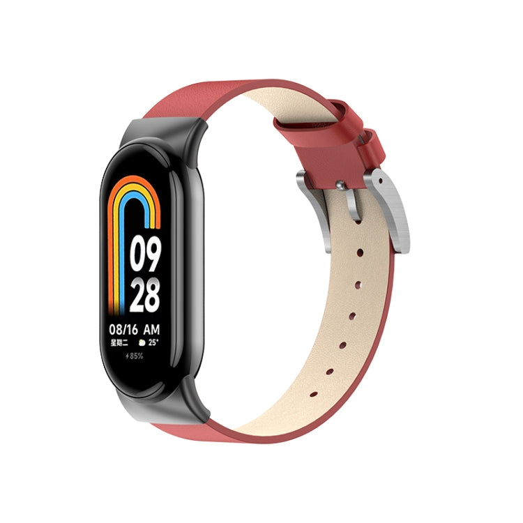 Leather replacement watch band for Xiaomi Mi Band 8, black watch with red strap