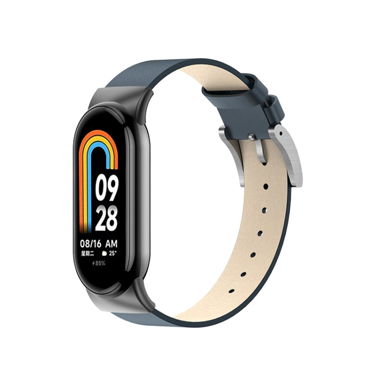 Leather replacement watch band for Xiaomi Mi Band 8, black watch with grey strap