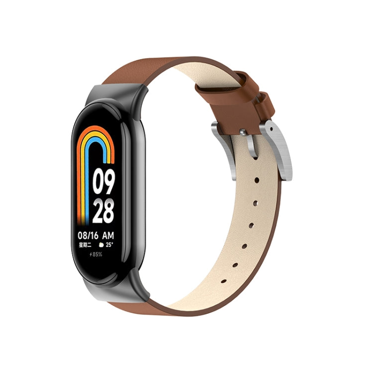 Leather replacement watch band for Xiaomi Mi Band 8, black watch with brown strap