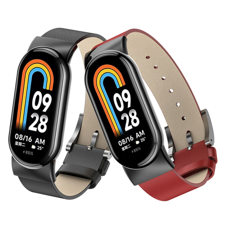 Leather replacement watch band for Xiaomi Mi Band 8, red and grey straps with black watch