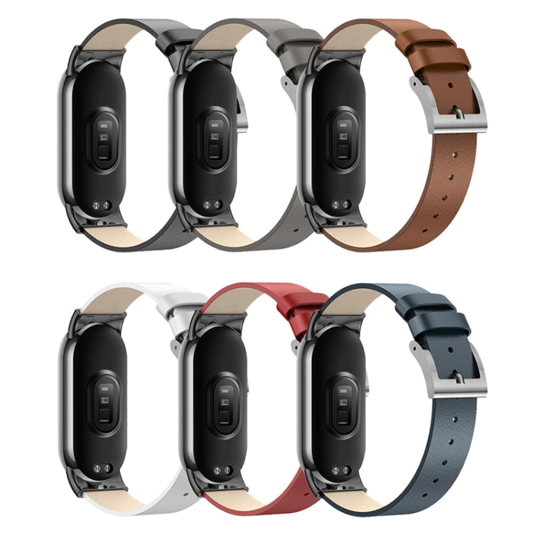 Leather watch band set with metal buckle, shown in black, grey, red, and navy colors.