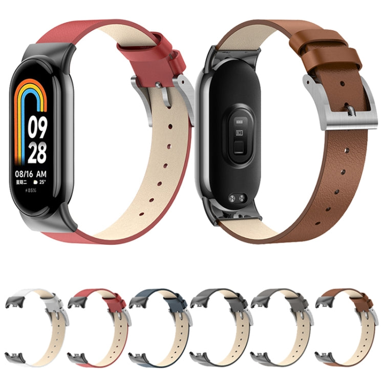 Leather watch bands shown in red and brown, each with metal buckle and perforations.