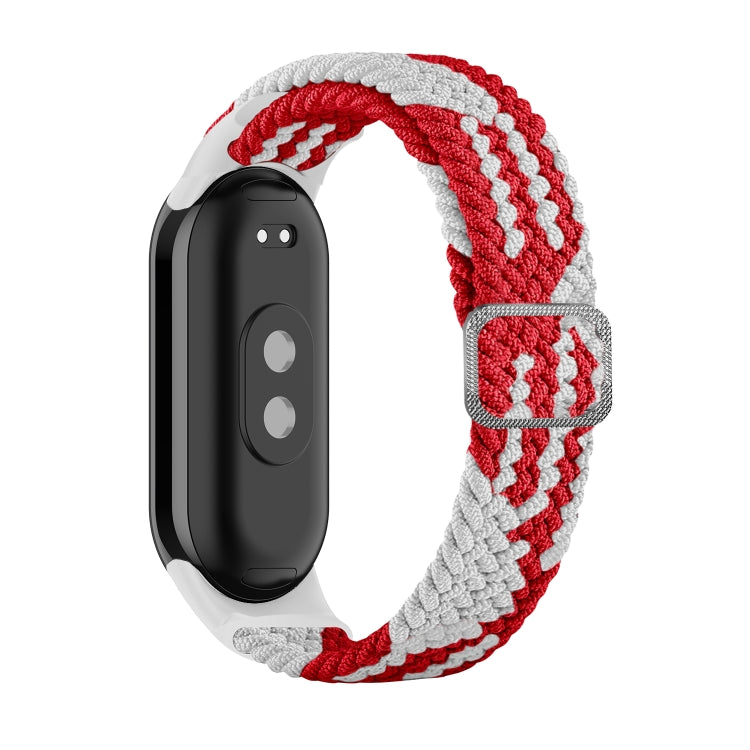 Red and white braided nylon watch band with adjustable clasp for Xiaomi Mi Band 8