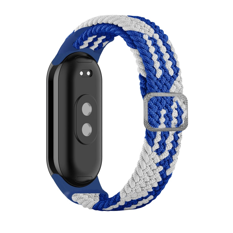 Adjustable braided elastic watch band in blue and light gray with metal clasp