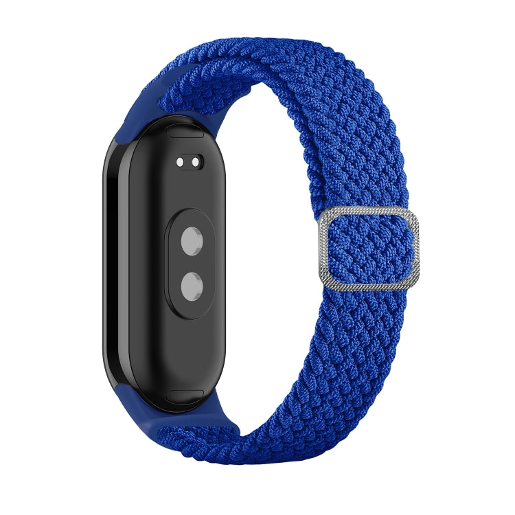 Adjustable braided elastic watch band in solid blue with adjustable metal clasp