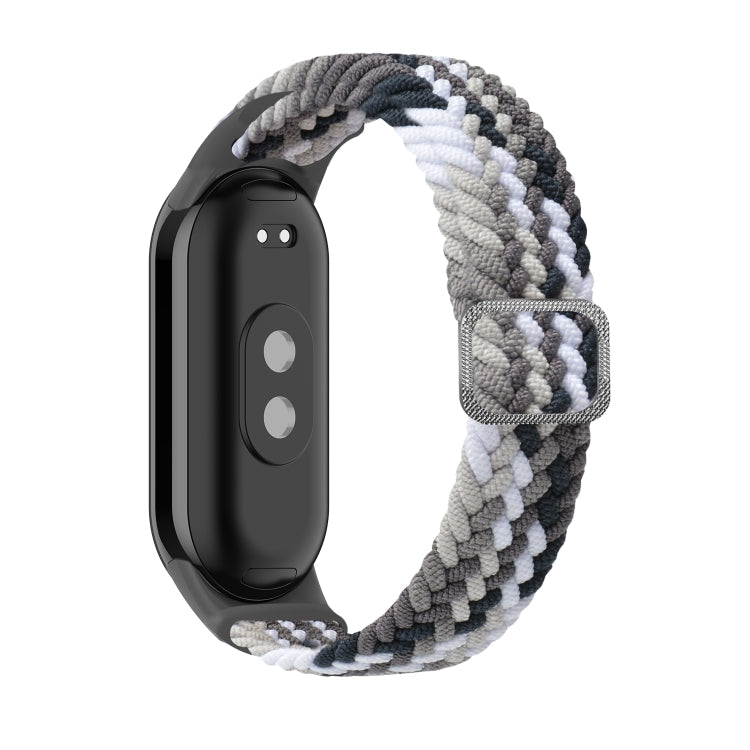 Adjustable braided elastic watch band in gray and white with adjustable metal clasp